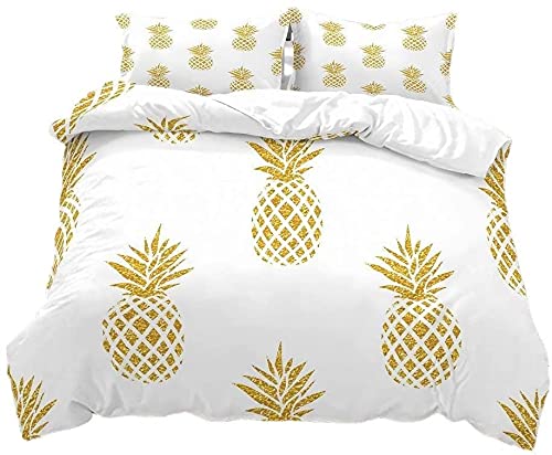 Homemissing Gold Ananas Bettbezug Set 3D Ananas Pattern Bettwäsche Set 135x200cm Tropisch Obst Betten Set Luxus Mikrofaser Digital Drucken Reißverschluss Weich von Homemissing