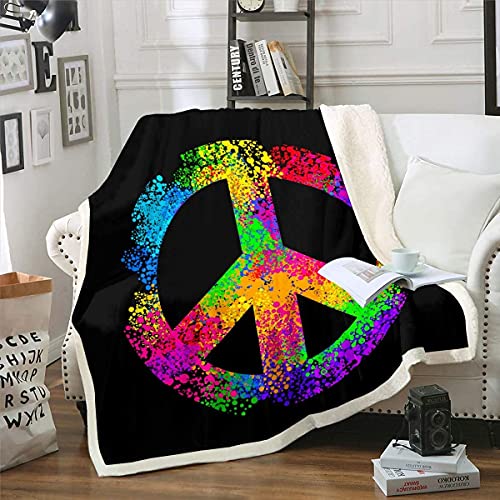 Homemissing Hippie Friedenskunst Kuscheldecke Friedenszeichen Kunstwerk Decke 150x200cm für Couch Reise Sofa Bunte Batik Flanell Fleecedecke Regenbogen Wohndecke Zimmer Dekor von Homemissing