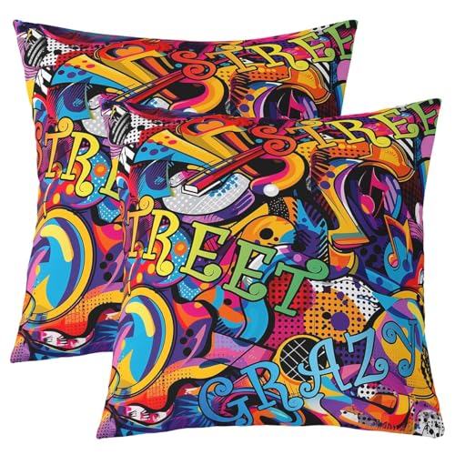 Homemissing Hippie Graffiti Stil Kissenbezüge 40x40cm Hip Hop Dekor Cool 2er Set Kissenbezüge Straßenkultur Grunge Kunst Kinder Kissenbezug Bunt Junge Sofakissen Couchkissen von Homemissing