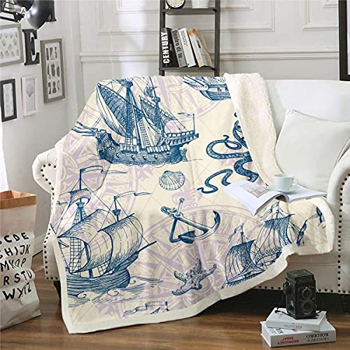 Homemissing Jahrgang Nautisch Fleece Decke 130x150cm Alter Segelboot Anker Flanell Fleecedecke Marine Ozean Thema Kuscheldecke und wirft Muschel Seestern Flauschige Wohndecke von Homemissing