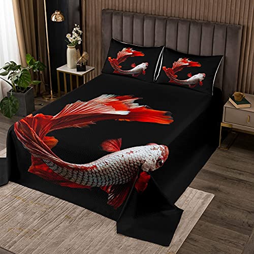 Homemissing Japanischer Fisch Tagesdecke 240x260cm Japanischer Koi Tier Bettüberwurf für Kinder Jungen Mädchen Erwachsene Exotisch Rot Koi Steppdecke Fischschuppen Wohndecke Raumdeko 3St von Homemissing