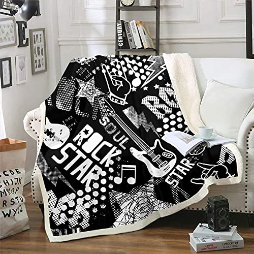 Homemissing Jugendliche Gitarre Kuscheldecke Rockmusik Thema Flanell Fleecedecke für Sofa Couch Schwarz Weiß Musikalische Graffiti Decke 150x200cm Instrumente Drucken Zimmer Dekor Wohndecke von Homemissing