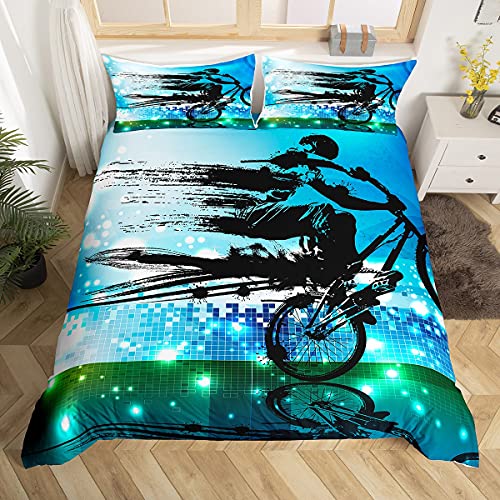 Homemissing Jungen Bettwäsche Set Dirt Bike Sport BMX Rider Silhouette Blauer Halbton-Effekt Extreme Hintergrund, Dekor Bettwäsche 135x200cm (1 Bettbezug + 1 Kissenbezüge), Reißverschluss von Homemissing