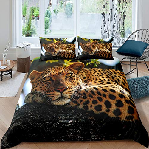 Homemissing Jungen Leopard Bettwäsche Set 155x220cm Heftiger Gepard Bettbezug Set für Jugendmann Safari Wilde Tier Bedruckte Betten Set Zweige mit 1 Kissenbezug 2St von Homemissing