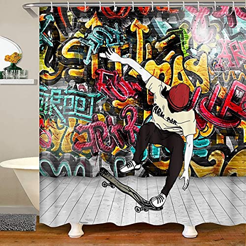 Homemissing Jungen Skateboard Bunte Graffiti Stil Duschvorhang 180x200cm für Stände Badewannen Dekor Skateboard Duschvorhang Textil Hip Hop Straßenkultur Wasserdicht von Homemissing