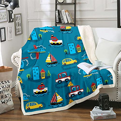 Homemissing Karikatur Transport Wohndecke für Mädchen Kinder Auto Boot Flugzeug Kuscheldecke Bequem zu Reisen Decke 130x150cm Raumdekor Blau Schlafzimmer Kollektion Flanell Fleecedecke von Homemissing