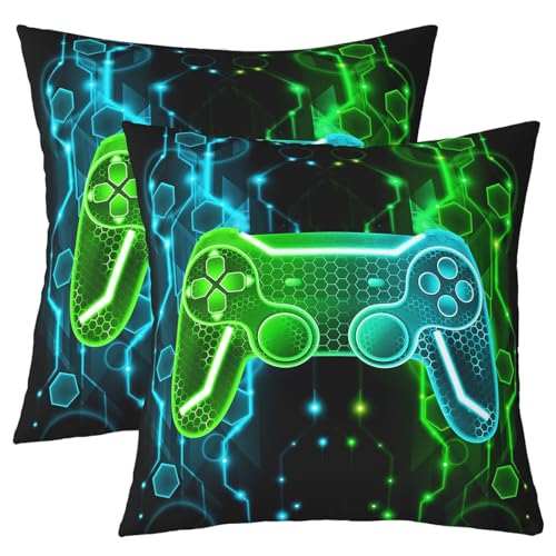 Homemissing Kinder Spieler Kissenbezüge 45x45cm Spiel Controller Kissenhülle für Jungs Gaming Geschenke 2er Set Kissenbezüge Kissenbezug Gamepad Muster Grün Teal Blau Dekokissen von Homemissing