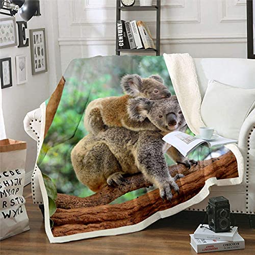 Homemissing Koala Flanell Fleecedecke Karikatur Koala und Baby Decke 130x150cm für Kinder Jungen Mädchen Niedliches Tiermuster Kuscheldecke Botanische Äste Dekor Wohndecke für Schlafsofa Couch von Homemissing
