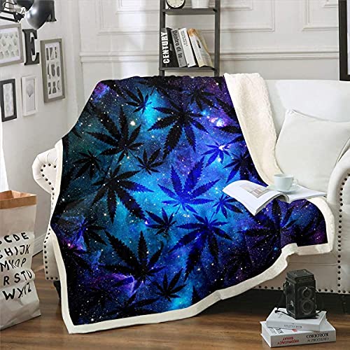 Homemissing Marihuana Blatt Decke 150x200cm Jugendliche Jungen Galaxis Cannabisblätter Kuscheldecke Universum Weltraum Flanell Fleecedecke Sternenhimmel Nebel Wohndecke für Schlafsofa Couch Blau von Homemissing