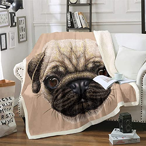 Homemissing Mops Kuscheldecke 3D Tiermuster Decke 150x200cm für Kinder Jungen Mädchen Süßer Hund Bedruckt Flanell Fleecedecke Wohndecke für Schlafsofa Couch Braun von Homemissing