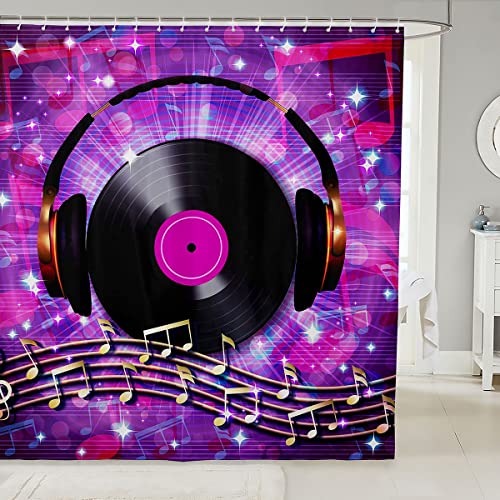 Homemissing Musiknoten Duschvorhang 180x200cm Musik Stoff Duschvorhang Textil für Kinder Jungen Mädchen Musical Retro Schallplatte Badezimmer Wasserdicht Zubehör mit 12 Haken Rockmusik Dekor Bunt von Homemissing