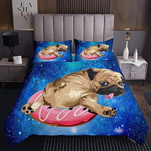 Homemissing Netter Mops Hund Bettüberwurf Karikatur Tier Thema Steppdecke für Jungen Mädchen Schick Galaxie Sternenhimmel Tagesdecke 220x240cm Steppdecke Donuts Steppdecke von Homemissing