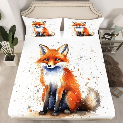 Niedlicher Fuchs Spannbettlaken 160x200cm Tier Spannbetttuch Waldfuchs Bettlaken Set Für Kinder Erwachsene Natur Ultra weich Aquarell Raumdekoration von Homemissing