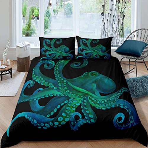 Homemissing Ocean Kraken Druck Bettwäsche Set für Schlafzimmer Wohnzimmer Oktopus Zimmer Dekoration Marine Life Thema Bettbezug Unterwasser Tiermuster Tagesdecke Einzelbett von Homemissing