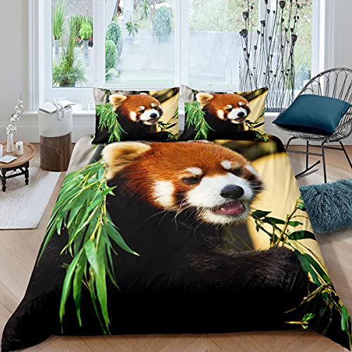 Homemissing Rot Panda Bettwäsche Set 135x200cm Niedliches Tiermuster Betten Set Für Kinder Jungen Roter Panda Blätter Drucken Bettbezug Set Atmungsaktive Natur Schlafzimmer Kollektion 2St von Homemissing