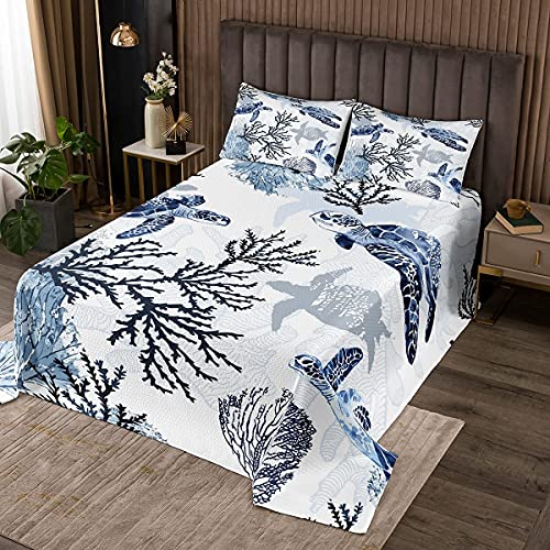 Homemissing Schildkröte Wohndecke Weiß Blau Meer Hawaiian Schildkröte Bettüberwurf Tortoise Ozean Strand Thema Steppdecke Unterwasser Schildkröte Drucken Kinder Tagesdecke 240x260cm für Sommer Winter von Homemissing
