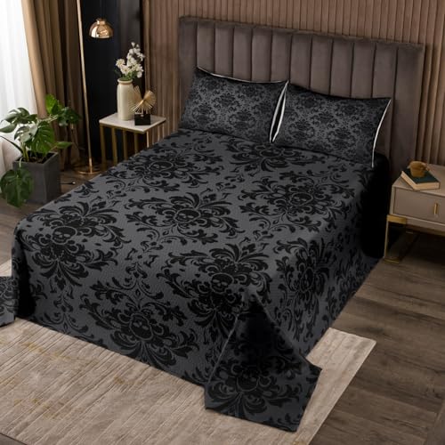 Homemissing Schwarz Damask Tagesdecke 220x240cm Kinder Vintage Floral Bettüberwurf für Jungen Mädchen Antique Viktorianisch Barock Steppdecke Gotik Bone Skeleton Wohndecke von Homemissing