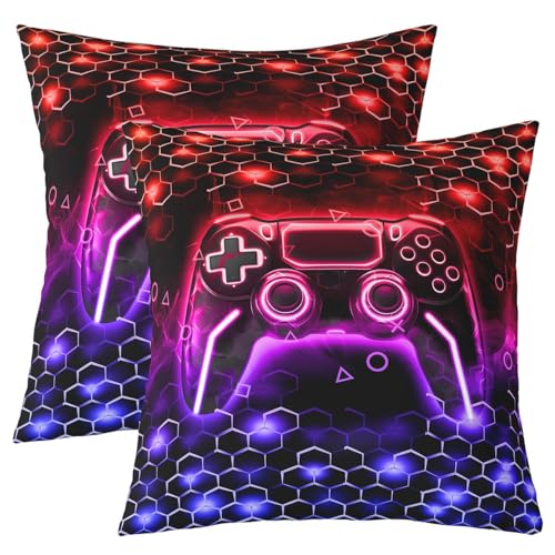 Homemissing Spieler Kissenhülle Gaming Waben Kissenbezüge 40x40cm Spiel Controller 2er Set Kissenbezüge Kissenbezug Sechseck Gaming Geschenke Rot und Lila Schwarz Dekokissen von Homemissing
