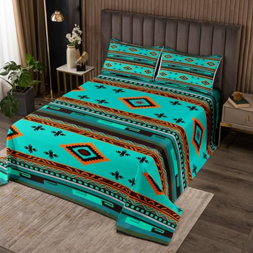 Homemissing Südwesten Steppdecke Geometrisch Tagesdecke 220x240cm für Kinder Tribal Bettüberwurf Dekor Native Amerikanisch Design Blau Orange Wohndecke von Homemissing