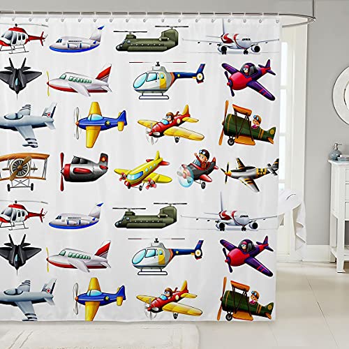 Homemissing Süßes Flugzeug Duschvorhang Textil Jungen Kinder Kinder Kampfflugzeug Hubschrauber Tuch Stoff Dekor 3D Verschiedene Flugzeug Duschvorhang 180x180cm Karikatur Luftfahrt Thema mit Haken von Homemissing