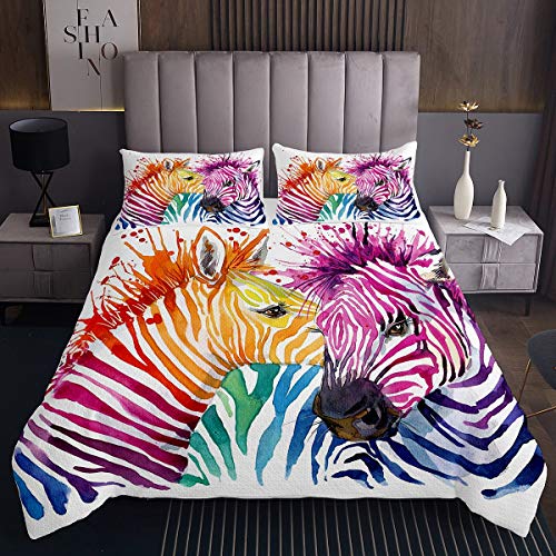 Homemissing Zebra Wohndecke Aquarell Pferdedruck Tagesdecke 90x200cm für Kinder Jungen Mädchen Tier Thema Bettüberwurf 3D Zebra Steppdecke Bunte Streifen 2St von Homemissing