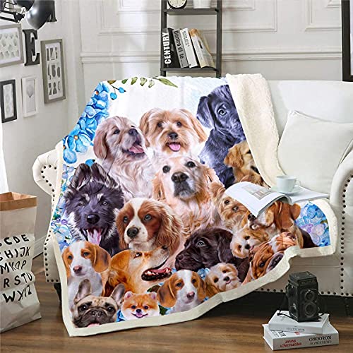 Hund Flanell Fleecedecke Niedlich Karikatur Mops Hunde Collage Super Kuscheldecke Haustier Welpen Tier Design Decke 150x200cm Verschiedene Welpen Bulldog Muster Wohndecke für Schlafsofa Couch von Homemissing