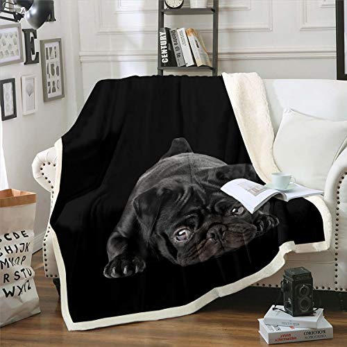 Hund gedruckt Decke 150x200cm Netter Mops Hund Kuscheldecke 3D Tier Thema Wohndecke für Kinder Schöne Hundemuster Weich Schwarz für Couch Decke von Homemissing