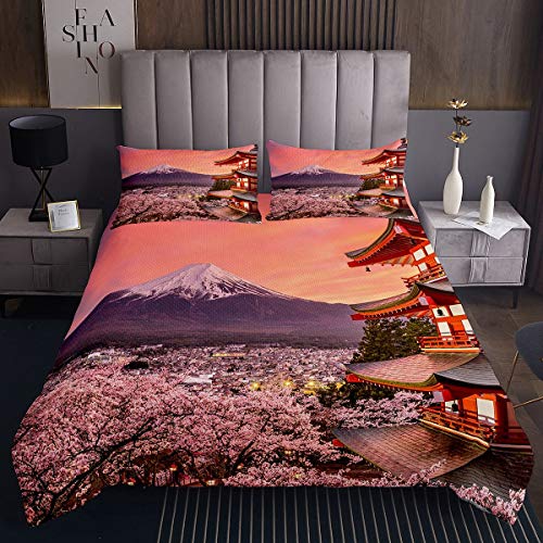 Japanische Ukiyoe Steppdecke Kirschblüten Tagesdecke 240x260cm für Kinder Fuji Mountain Bettüberwurf japanischen Stil Wohndecke Mit 2 Kissenbezug 3St von Homemissing