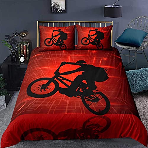 Homemissing Junge Bettwäsche Set 135x200cm Offroad Motorrad Betten Muster BMX Abstrakt Biker Silhouette Feuerrot Geometrischer Druck Bettbezug und 1 Kissenbezüge, Mehrfarbig 3, 135*200+80*80*1 von Homemissing