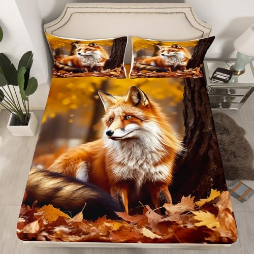 Karikatur Fuchs Bettlaken Set Niedlich Orange Fuchs Spannbettlaken 90x200cm für Jungen 3D Wild Tier Spannbetttuch Herbst Fuchs Blatt Design Atmungsaktive 2St von Homemissing