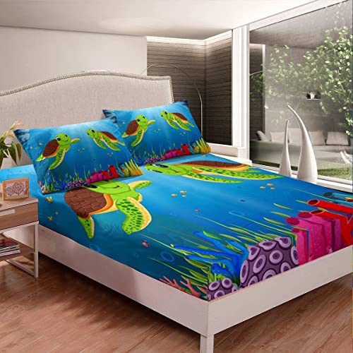 Karikatur Meeresschildkröte Bett Nettes Reptil Tier Bedruckt Spannbettlaken 90x200cm für Kinder Jungen Ozean Marine Dekor Bettlaken Set Unterwasser Leben im Meer Spannbetttuch Zimmer Dekor 2St von Homemissing