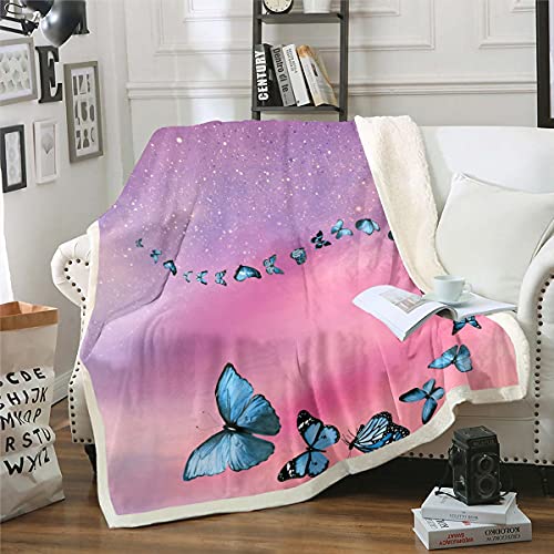 Kinder Blau Schmetterling Decke 150x200cmFantasie Galaxie Schmetterling Dekor Wohndecke für Jungen Farbverlauf Lila Rosa Kuscheldecke Fee Verträumt Fliegend Tier Zimmer Dekor Flanell Fleecedecke von Homemissing