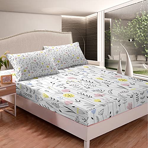 Kinder Blumen Spannbettlaken 90x200cm Blumen Muster Spannbetttuch Für Mädchen Frauen Jugendliche Niedlich Botanisches Dekor Bettlaken Set Bunte Garten Schlafzimmer 2St von Homemissing