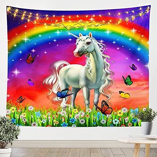 Kinder Einhorn Wandteppich 148x200cm Weiß Magisch Einhorn Pferd Schmetterling Dekor Tapisserie für Jungen Mädchen Regenbogen Blumenzweige Wandbehang für Schlafzimmer Wohnzimmer Märchen von Homemissing