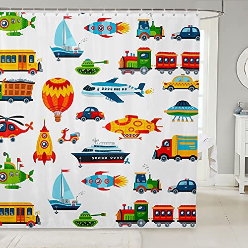 Kinder Karikatur Autos Duschvorhang 180x200cm Baby Helle Niedlich Flugzeug Duschvorhang Textil Bunte Spielzeug Transportfahrzeuge Tuch Stoff Dekor Kinder Reise Dekor Wasserdicht mit Haken von Homemissing