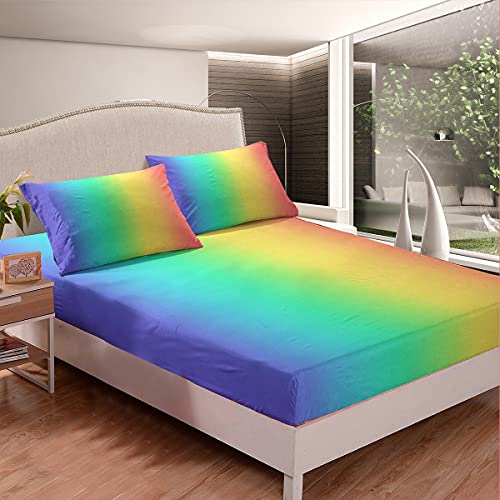 Kinder Regenbogen Spannbetttuch Karikatur Geometrische Streifen Dekor Spannbettlaken 90x200cm Buntes Muster Bettlaken Set Mehrfarbige Farbverlauf Gelb Blau Schlafzimmer Kollektion 2St von Homemissing