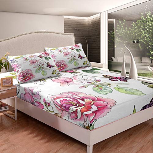 Mädchen Romantischer Blumen Drucken Schmetterling Fliegen Spannbetttuch Spannbettlaken 90x200cm Blütenblüten Bettlaken Set Botanische Zweige mit 1 Kissenbezug 2St von Homemissing