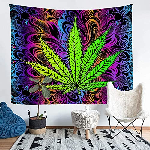 Marihuana Unkrautblatt Wandteppich 148x200cm Cannabis Tapisserie Schick Cannabis Blätter Wandbehang für Damen Herren Beschwingt Grün Bunt Bedruckt Wandkunst Wohnzimmer Schlafzimmer Dekor von Homemissing