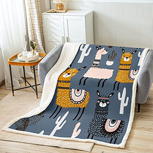 Niedlich Lama Wohndecke Kinder Karikatur Boho Lama Alpaka Decke 150x200cm für Mädchen Jugendliche Zimmer Kawaii Bohemien Tier Dekor Kuscheldecke Kaktus Botanisch Blau Flanell Fleecedecke von Homemissing