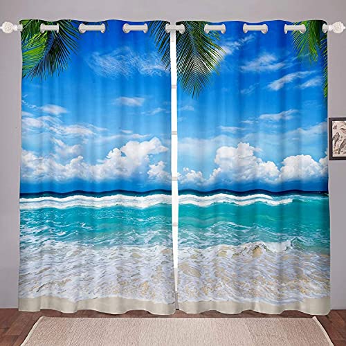 Ozean Zimmer Verdunkelung Fenstervorhang 137x117cm Hawaii Strand Surfen Schwarzout Vorhänge Schlafzimmer Meer Welle Palm Baum Thermal Ozean Nautisch Schwarzout Blickdichte Vorhänge 2 Paneele von Homemissing