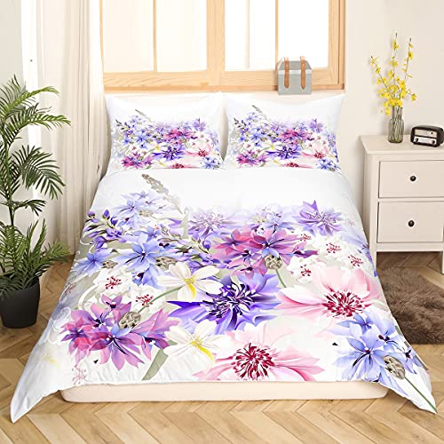 Rosa Lila Weiß Blumen Bettwäsche 200x200cm Mädchen Natürliche Pflanzen und Blumen Lavendel Bettbezug Set Idyllische Landschaft 100% Mikrofaser Atmungsaktiv Bettwäsche mit 2 Kissenbezug 80x80cm von Homemissing