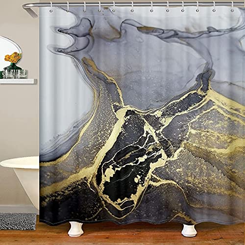 Schick Marmor Stoff Duschvorhang Textil Gold Grau Marmor Duschvorhang 180x210cm für Kinder Jungen Mädchen Abstrakte Kunst Dekor Badezimmer Wasserdichte Accessoires mit Haken Venezianischer Stil von Homemissing