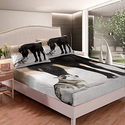 Schwarzes Pferd Spannbettlaken 140x200cm Haustier Hund Muster Bettlaken Set für Kinder Jungen Mädchen 3D Wildtier Spannbetttuch Winter Tierwelt Dekor von Homemissing