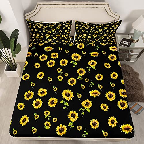 Sonnenblume Spannbettlaken 140x200cm Mädchen Jugendliche Kinder Frauen Schlafzimmer Dekor Niedlich Blumen Spannbetttuch Set Schöne Blumen Bettlaken Set Botanisch Schwarz Gelb Kein Flaches Laken von Homemissing