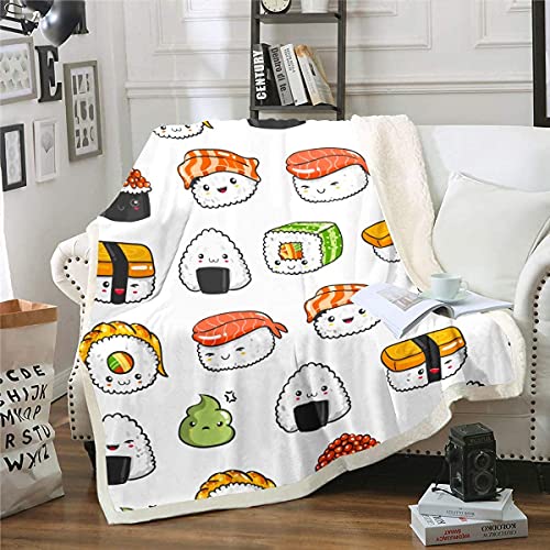 Sushi Muster Wohndecke Flanell Fleecedecke im japanischen Stil für Couch Reise Sofa Jugendliche Essen Thema Kuscheldecke Niedliche Karikatur japanische Sushi Decke 150x200cm Raumdekor Klimaanlage von Homemissing