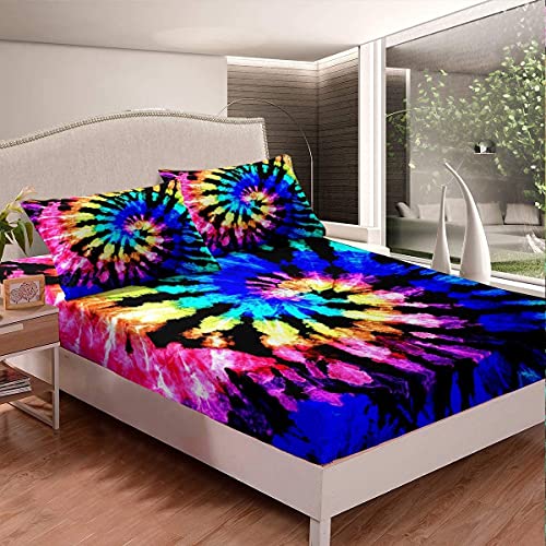 Tie Dye Boho Psychedelisch Spannbettlaken 140x200cm Buntes Regenbogen Bettlaken Set Trippy Bohemien Gypsy Spannbetttuch Inklusive 1 Kissenbezug Kein Flaches Laken von Homemissing