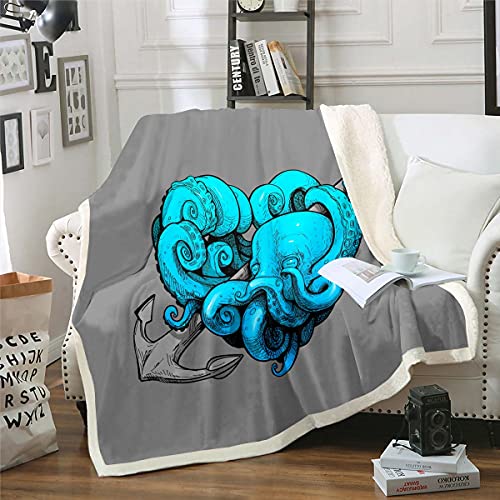 Tintenfisch Decke 150x200cm Ozean Kraken Anker Wohndecke Jungen Blaugrün Blau Tintenfisch Tentakel Kuscheldecke Personalisierte Meerestier Grau Dekor Schlafzimmer Kollektion Flanell Fleecedecke von Homemissing