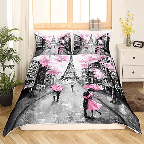 Tour Eiffel Bettwäsche, 200 x 200 cm, romantisch, Paris, Motiv: Bettwäsche, für Paare, Schlafzimmer, dekorativ, Paris Cityscape, bedruckt, Bettbezug, moderner Stil, Französisch, Rosa, Grau, 3 Stück von Homemissing