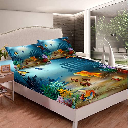 Tropisch Fisch Spannbetttuch Kinder Ozean Kreatur Spannbettlaken 90x200cm Meerestier Bettlaken Set Unterwasserwelt Inklusive 1 Kissenbezug Kein Flachbettlaken von Homemissing