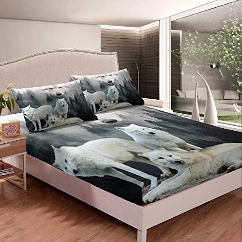 Weißer Wolf Spannbettlaken 90x200cm Jugendliche Cool Wild Tier Bettlaken Set für Jungen Mädchen Kinder Grau Smoky Baum Tierwelt Spannbetttuch Natur Thema Zimmer Dekor 2St von Homemissing